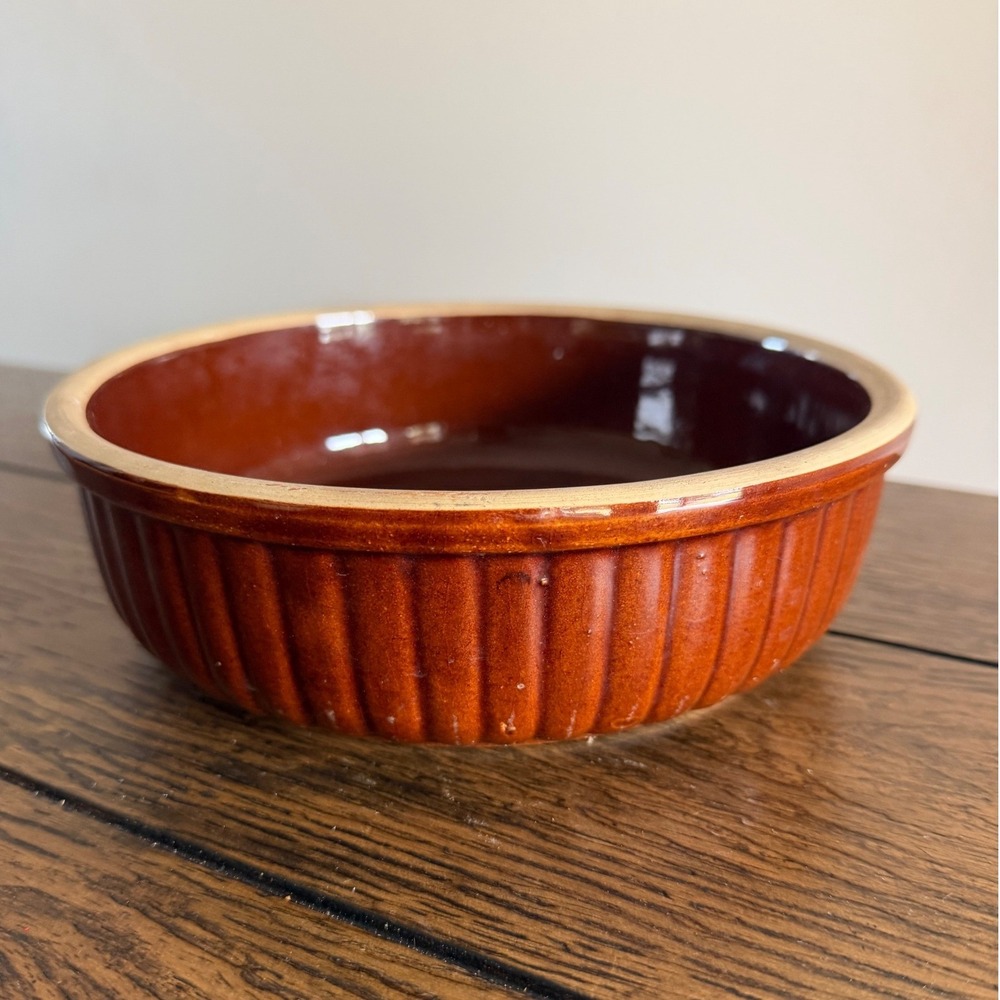 Vintage Stoneware Souffle Dish Brown Ribbed Ceramic Baking Bowl Made in USA